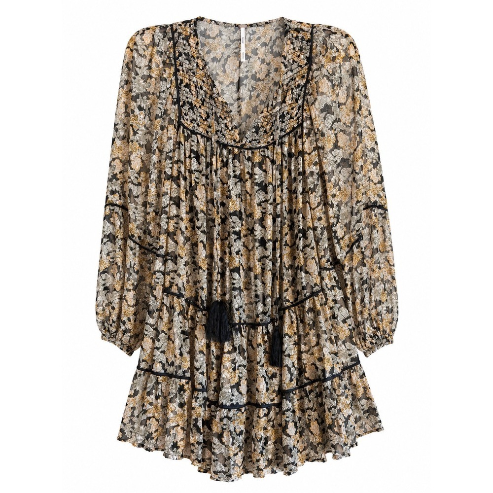 Free People Floral Boho Mini Dress Small Sheer Metallic Tiered Cottagecore
